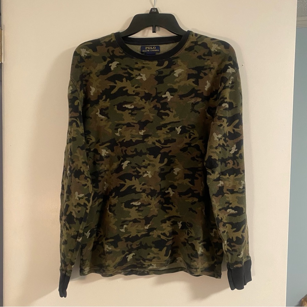 Polo Ralph Lauren Camo Waffle Knit Long Sleeve Shirt Mens L Layering Outdoors